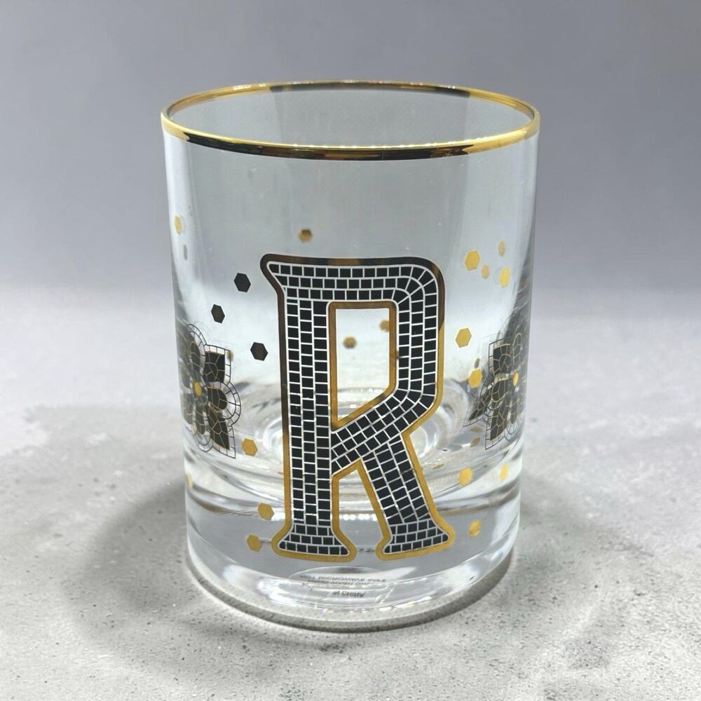 Anthropologie Bistro Tile Monogram “R” Old Fashioned Glass 24K Gold Rim